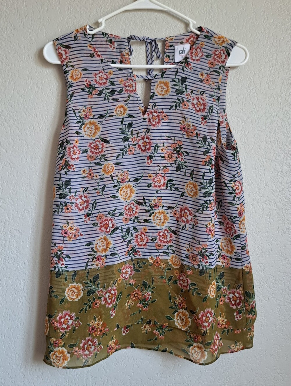 Cabi Penelope Flora Striped Tank Top Chiffon Floral Size Medium